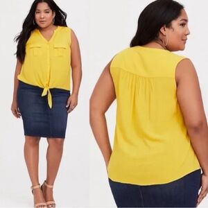 Torrid Yellow Challis Woven Tie Front Pocket Tank 1